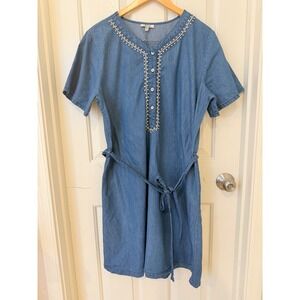 MPH Collection Blue Chambray Embellished Rhinestone Pearl Shift Dress XL Denim